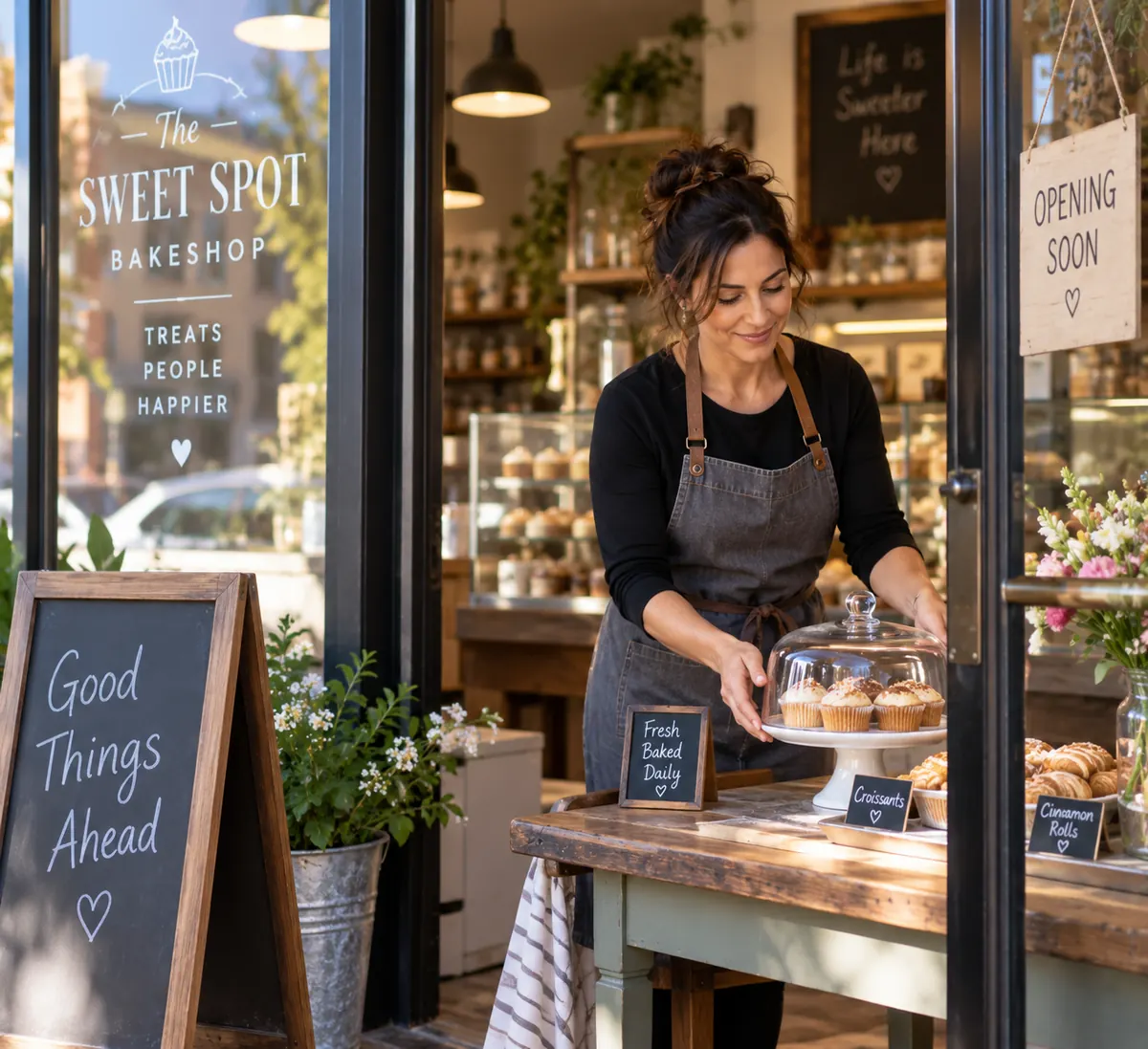 Bakery franchise owner arranging fresh baked goods in her storefront