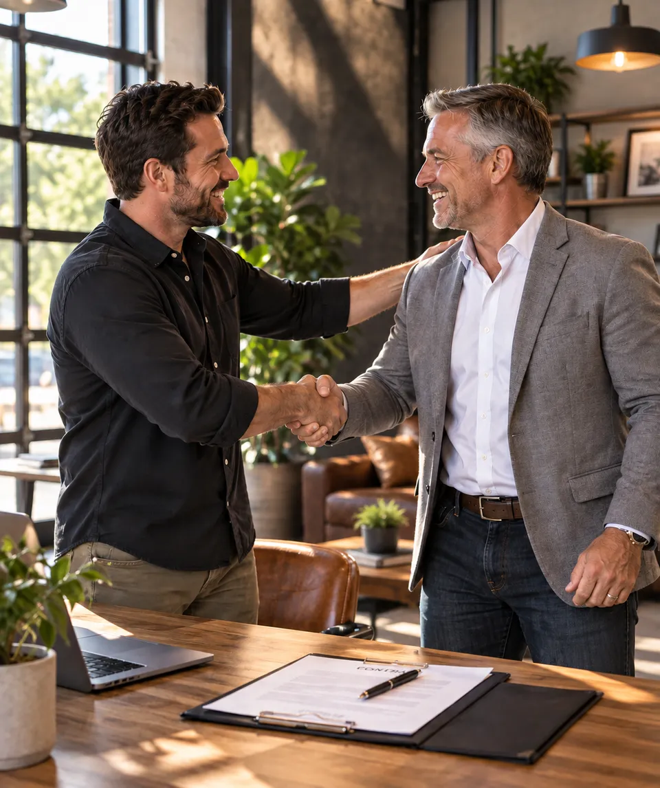Two business professionals shaking hands after reaching an agreement